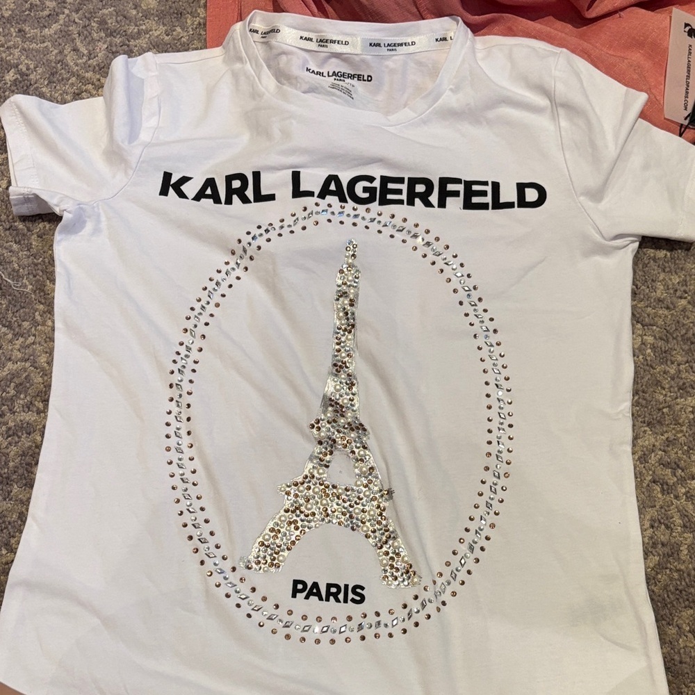 Karl Lagerfeld White Tee with Eiffel Tower Design NWT